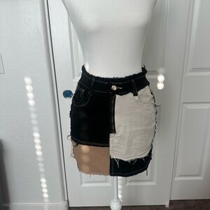 Amazon Patchwork Denim Skirt - Black, Cream, Tan - M